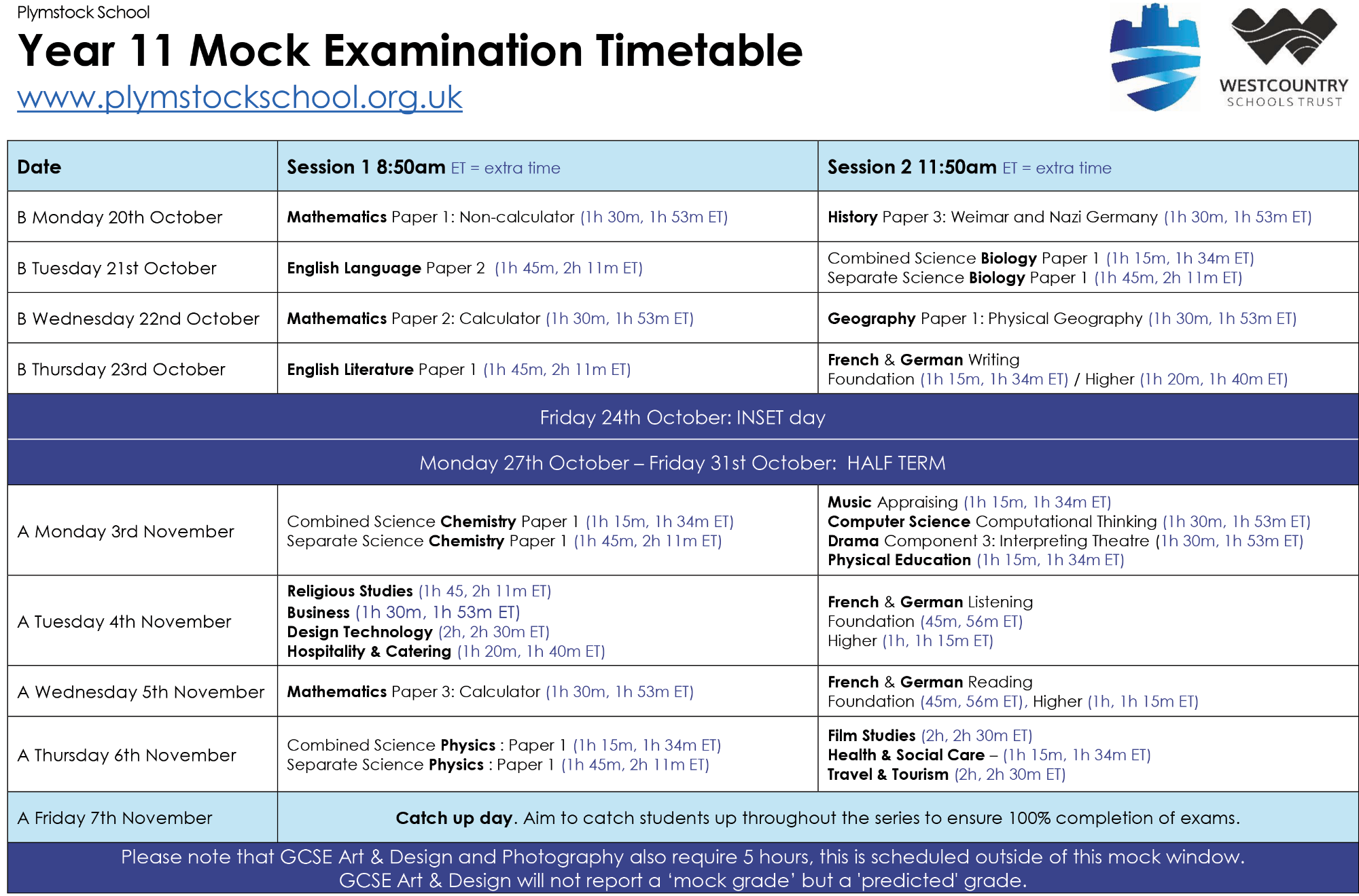 Mock Examination Timetable